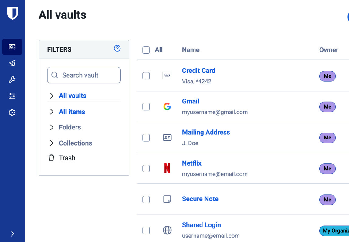 Web vault: manage logins, cards, identities and secure notes, in sync with the Bitwarden apps