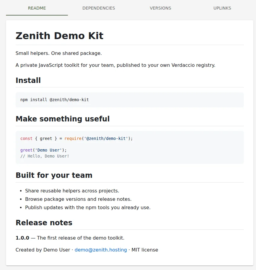 Read installation steps and usage examples for a private package.