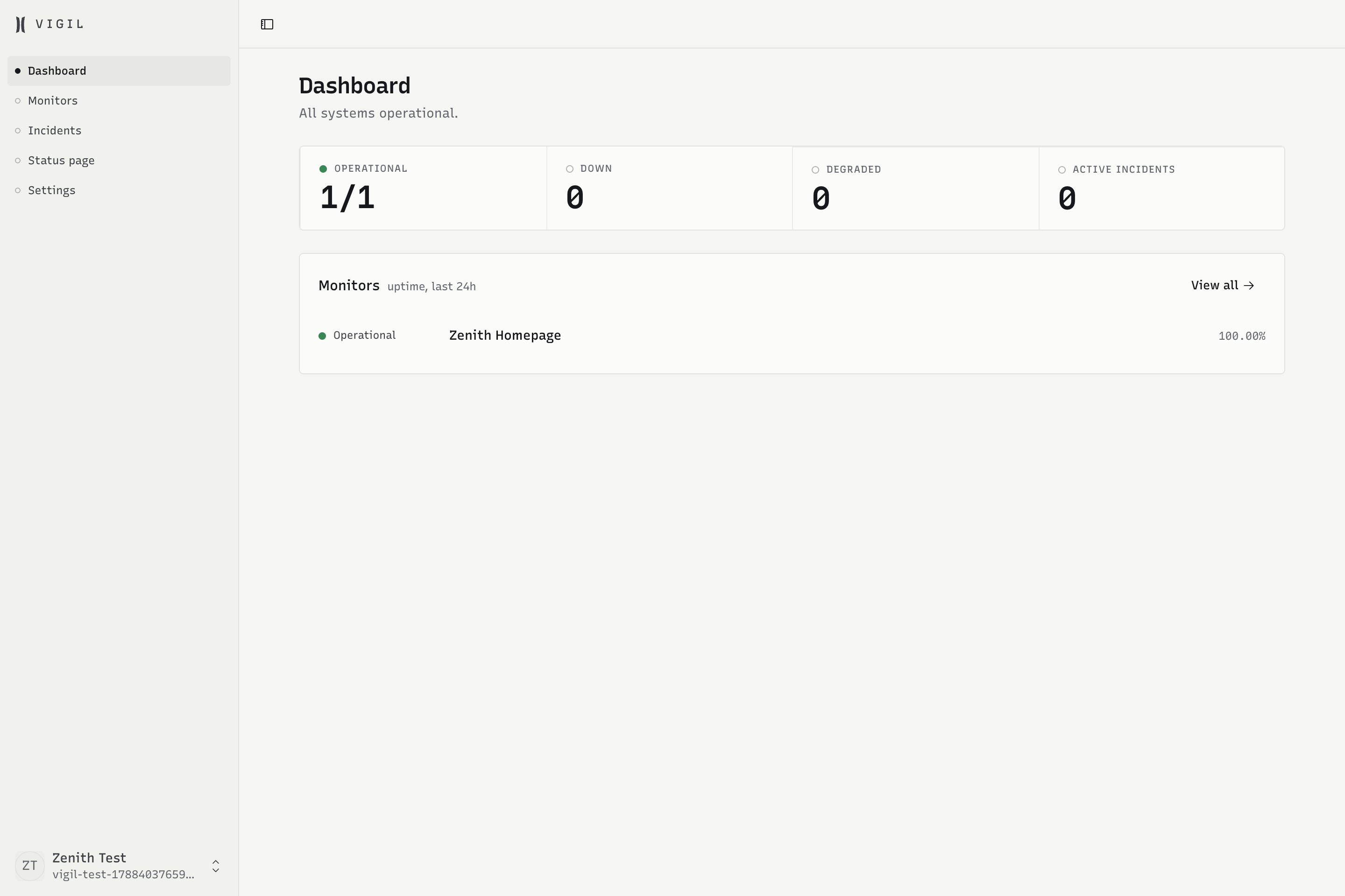 Monitoring dashboard with current service health and recent incidents