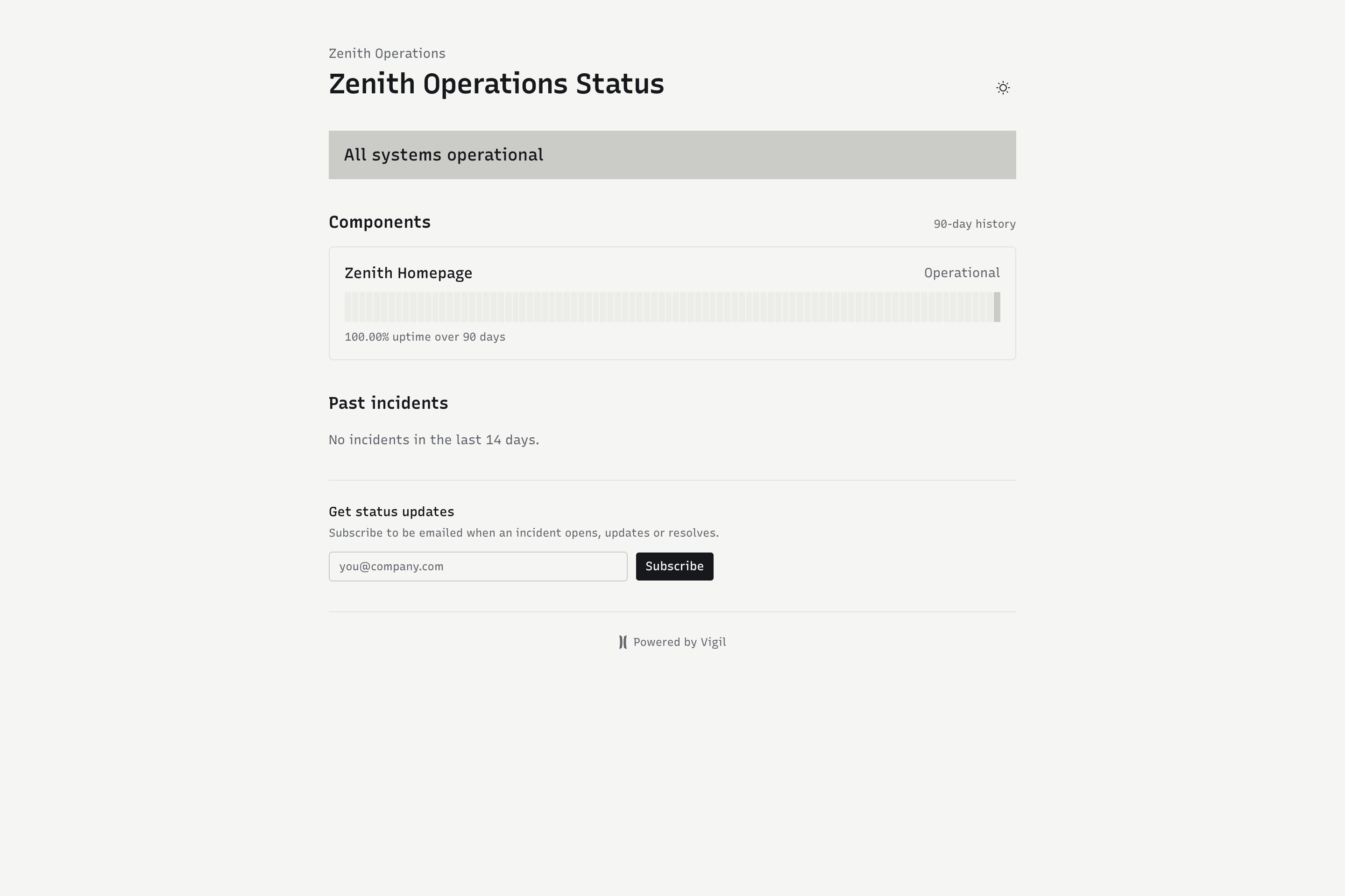 Public status page with component health, uptime history, and incidents