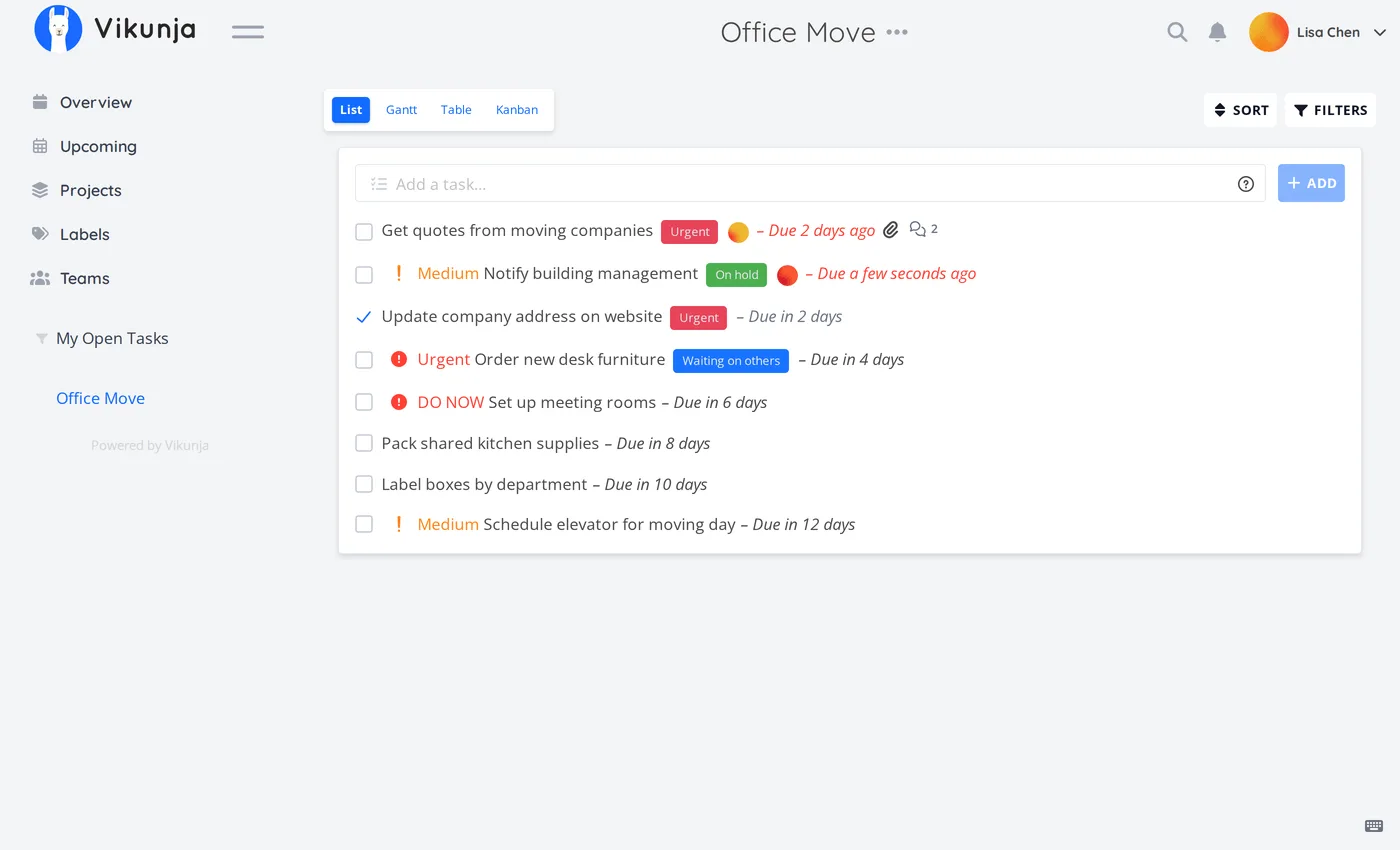 Organize tasks in lists with priorities, due dates and labels