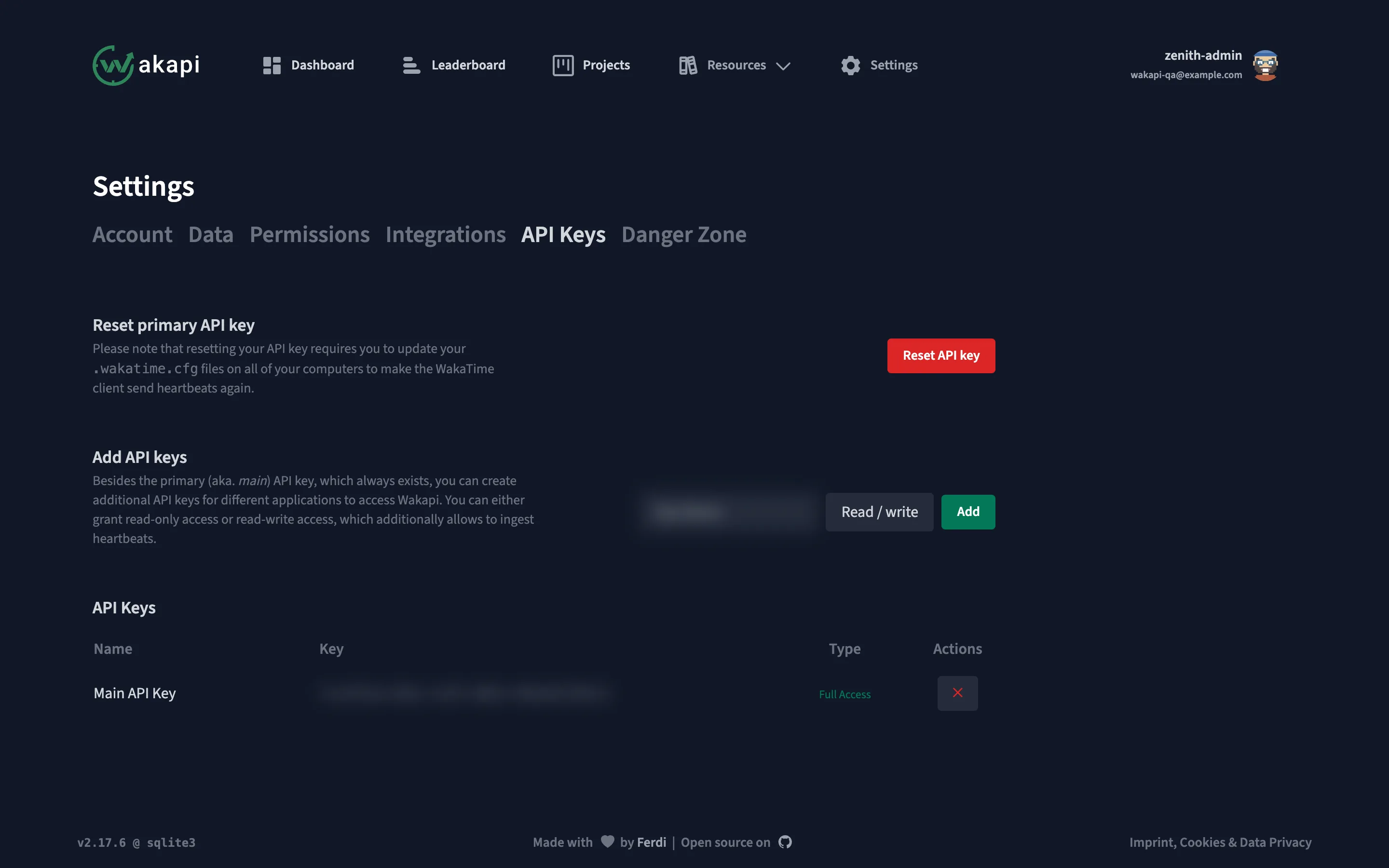 Account settings with the WakaTime-compatible API endpoint and personal API key.