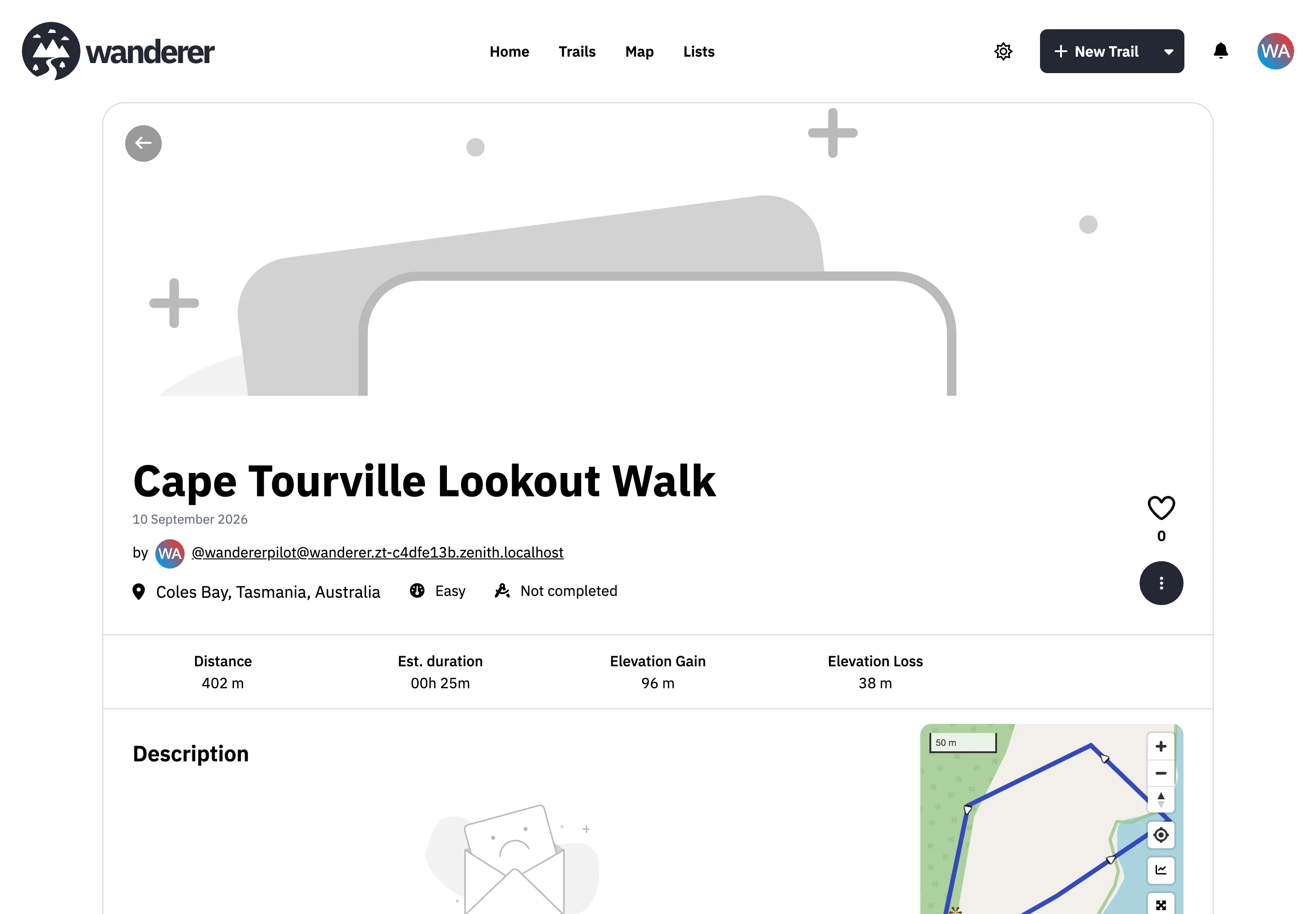 Browse an uploaded GPX trail with its route, distance, elevation, and metadata.