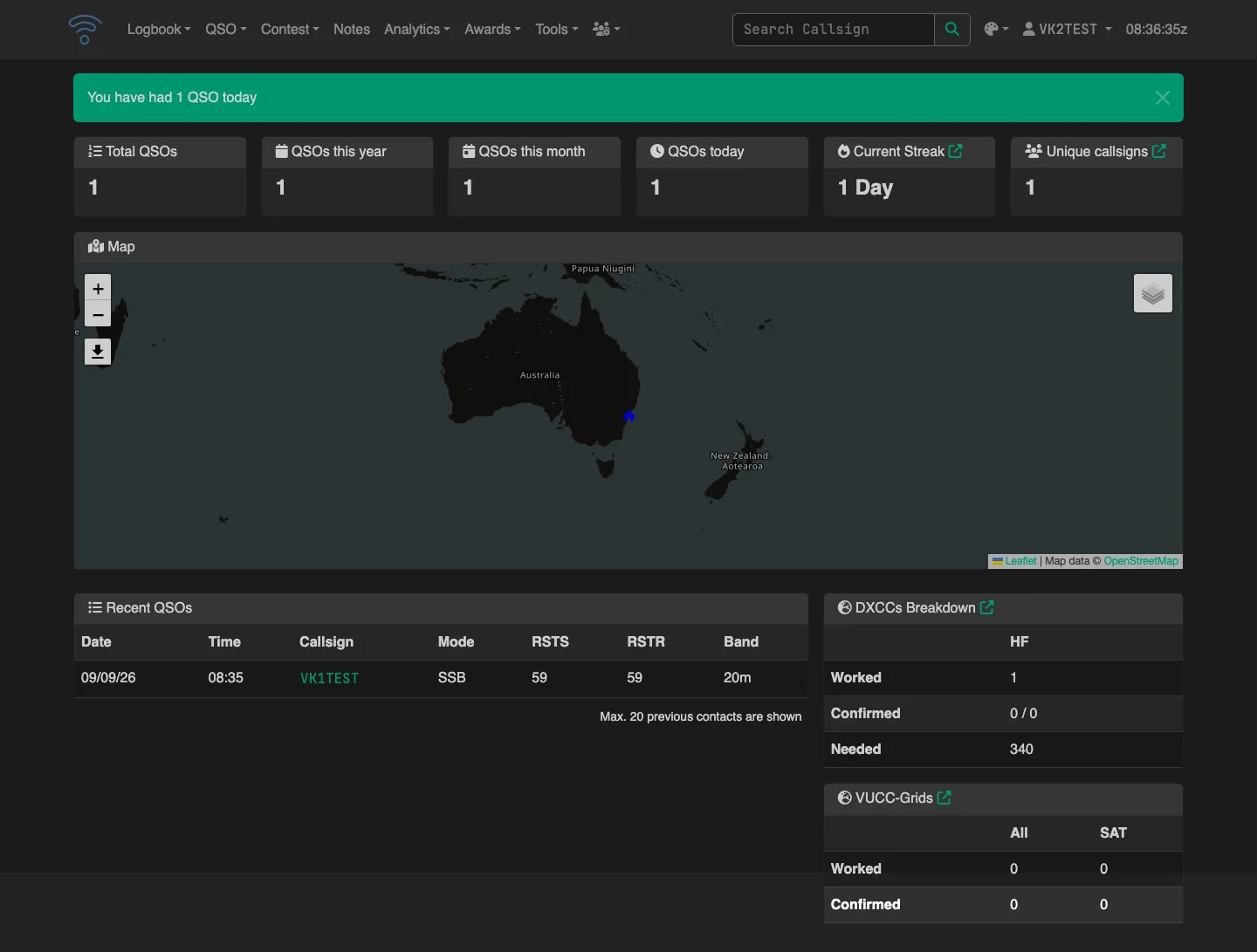 Dashboard with a recent 20 metre SSB contact, QSO totals, and map