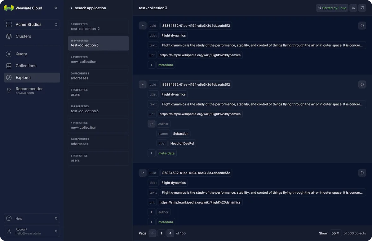 Explorer: browse collections and inspect stored objects