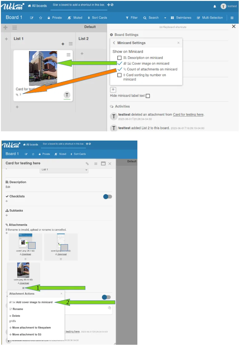 Cards: checklists, labels, members, due dates and attachments