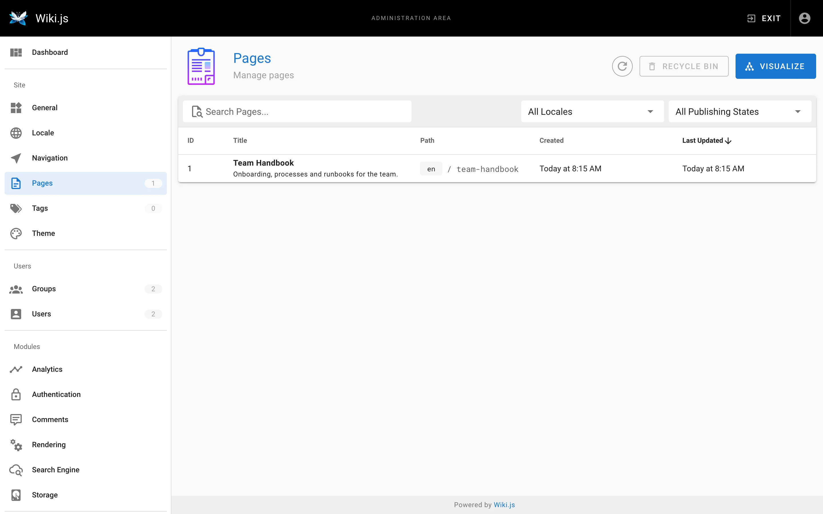 The administration area — pages, users, and access control