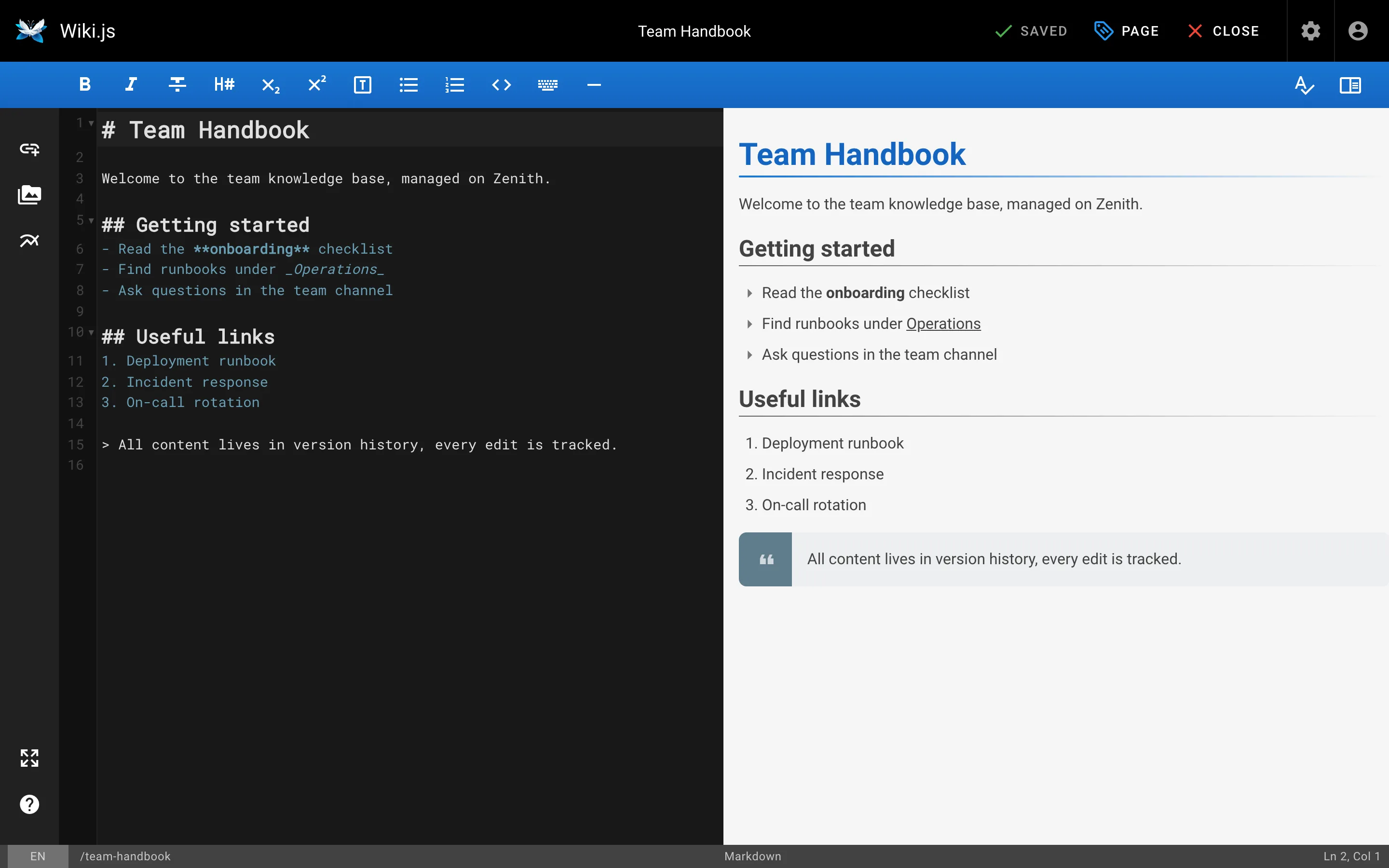 Editing a page in the Markdown editor