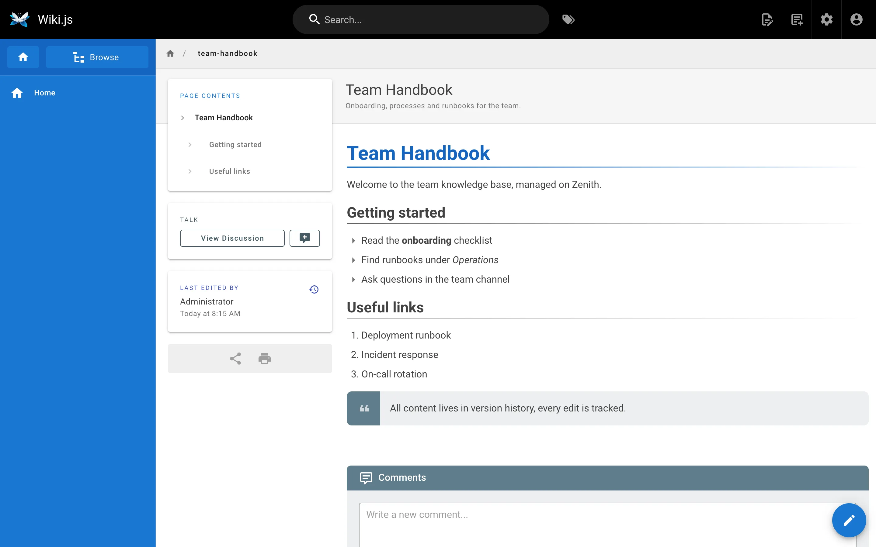 A rendered wiki page with the page tree and table of contents