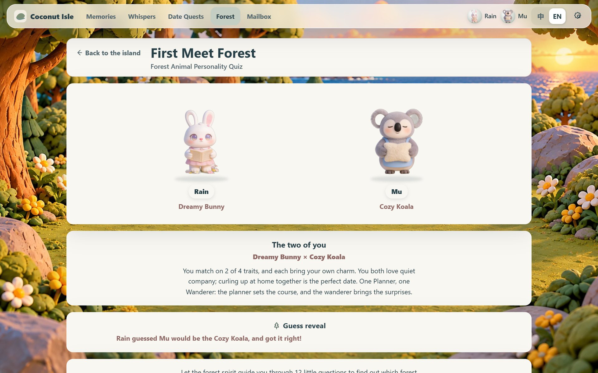 First Meet Forest: take a short quiz, meet each other's forest animal and see how you match.
