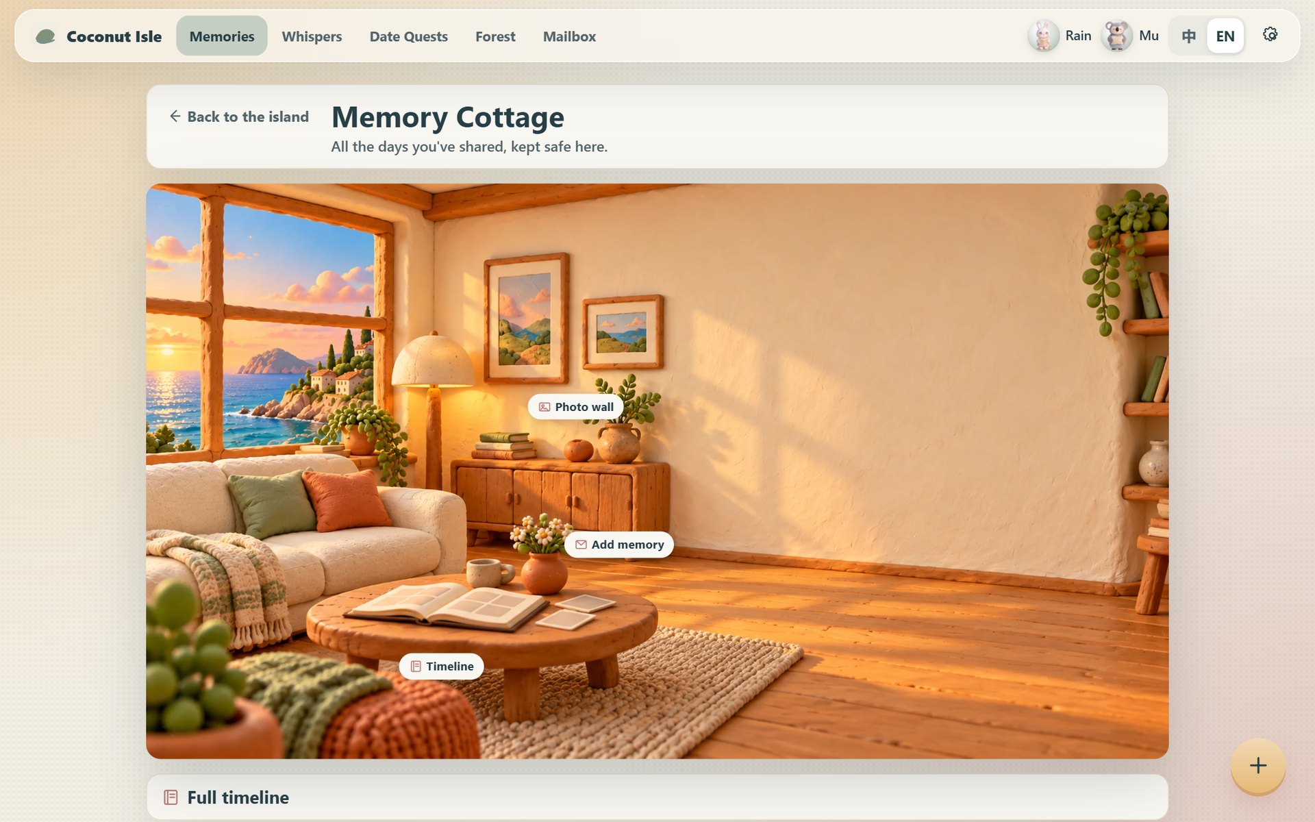 Memory Cottage: keep a timeline of shared moments, photos and finished date quests.