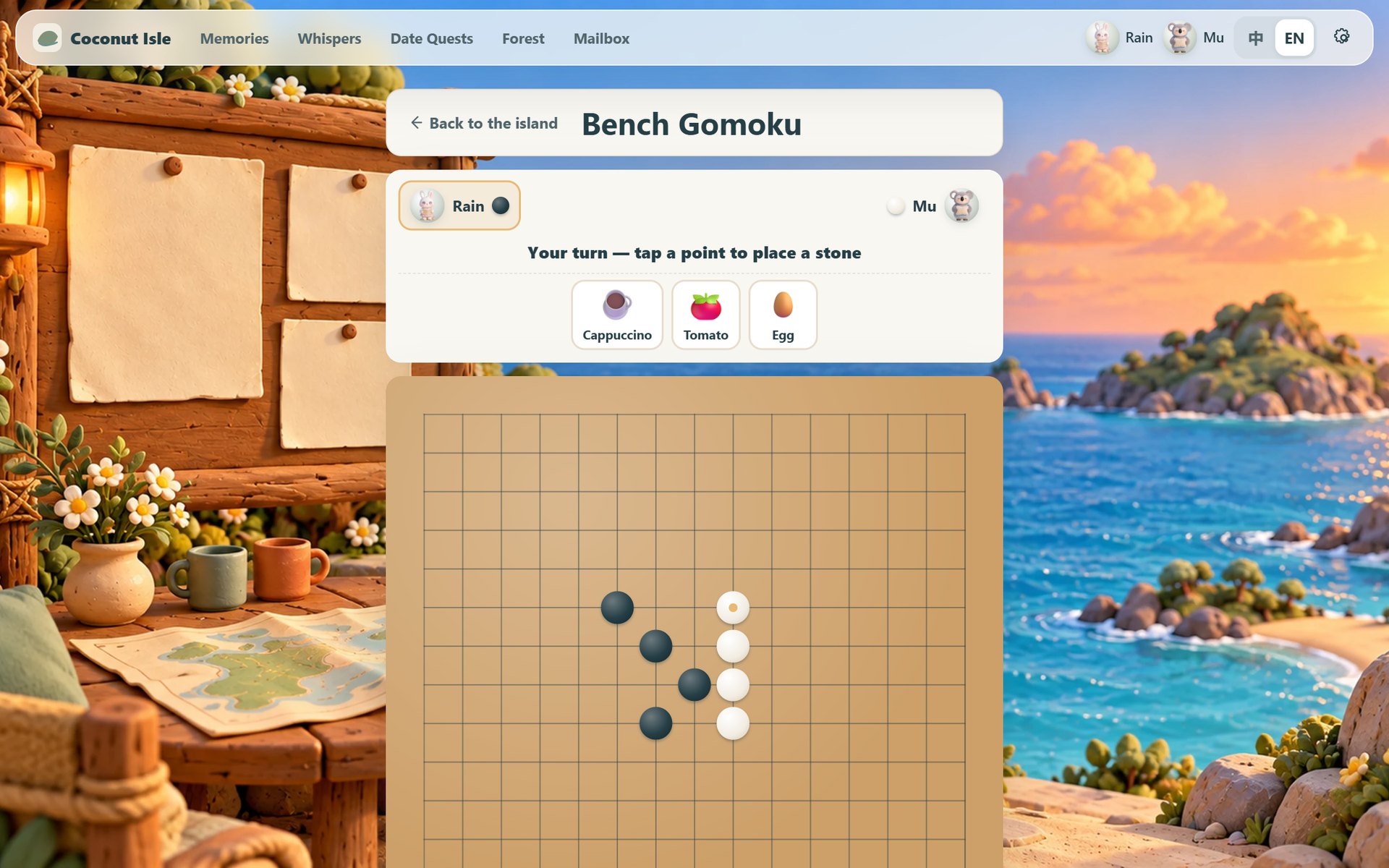 Bench Gomoku: play a round together, with tomatoes and cappuccinos to throw.