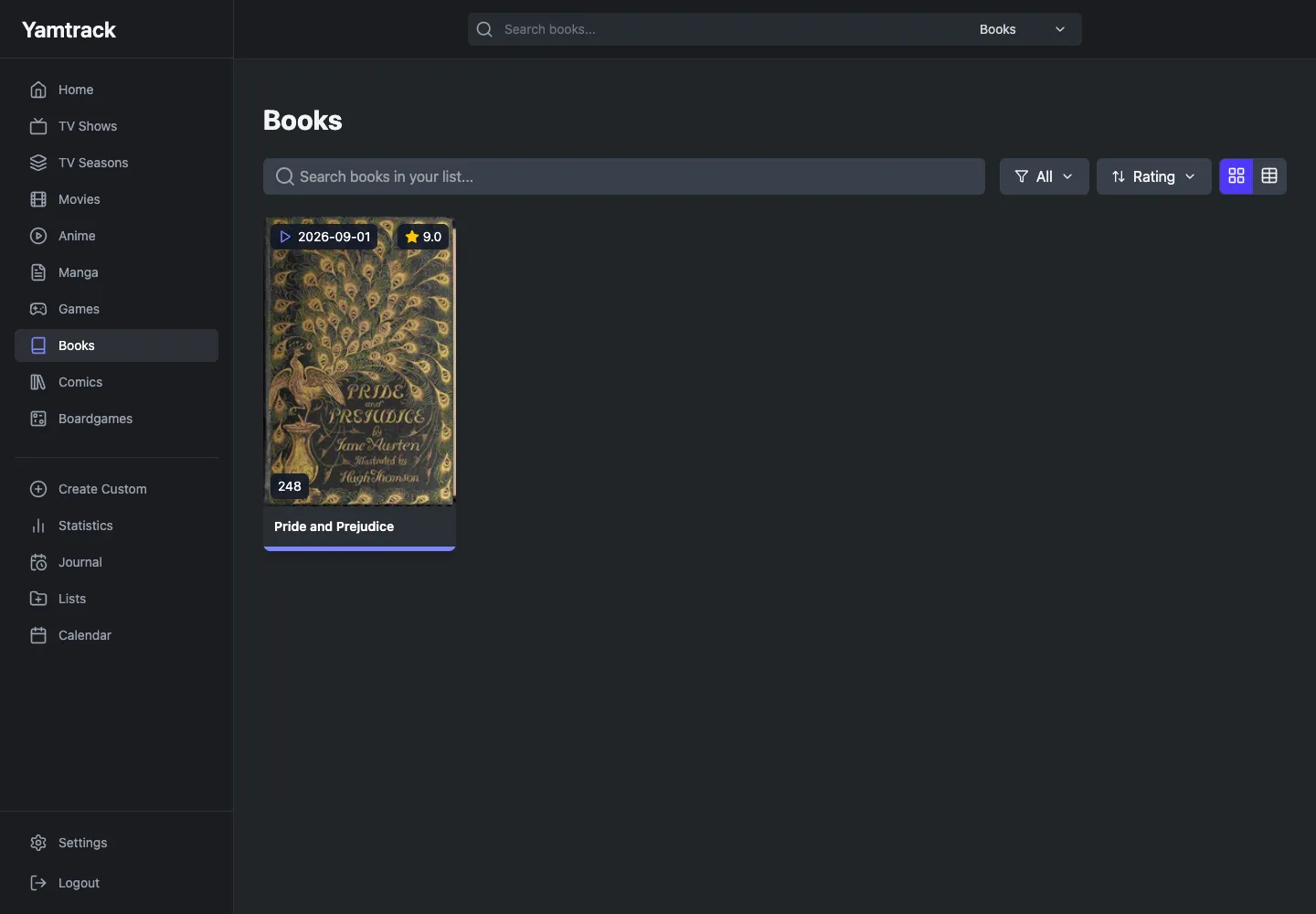Review a populated media library with current progress and ratings.