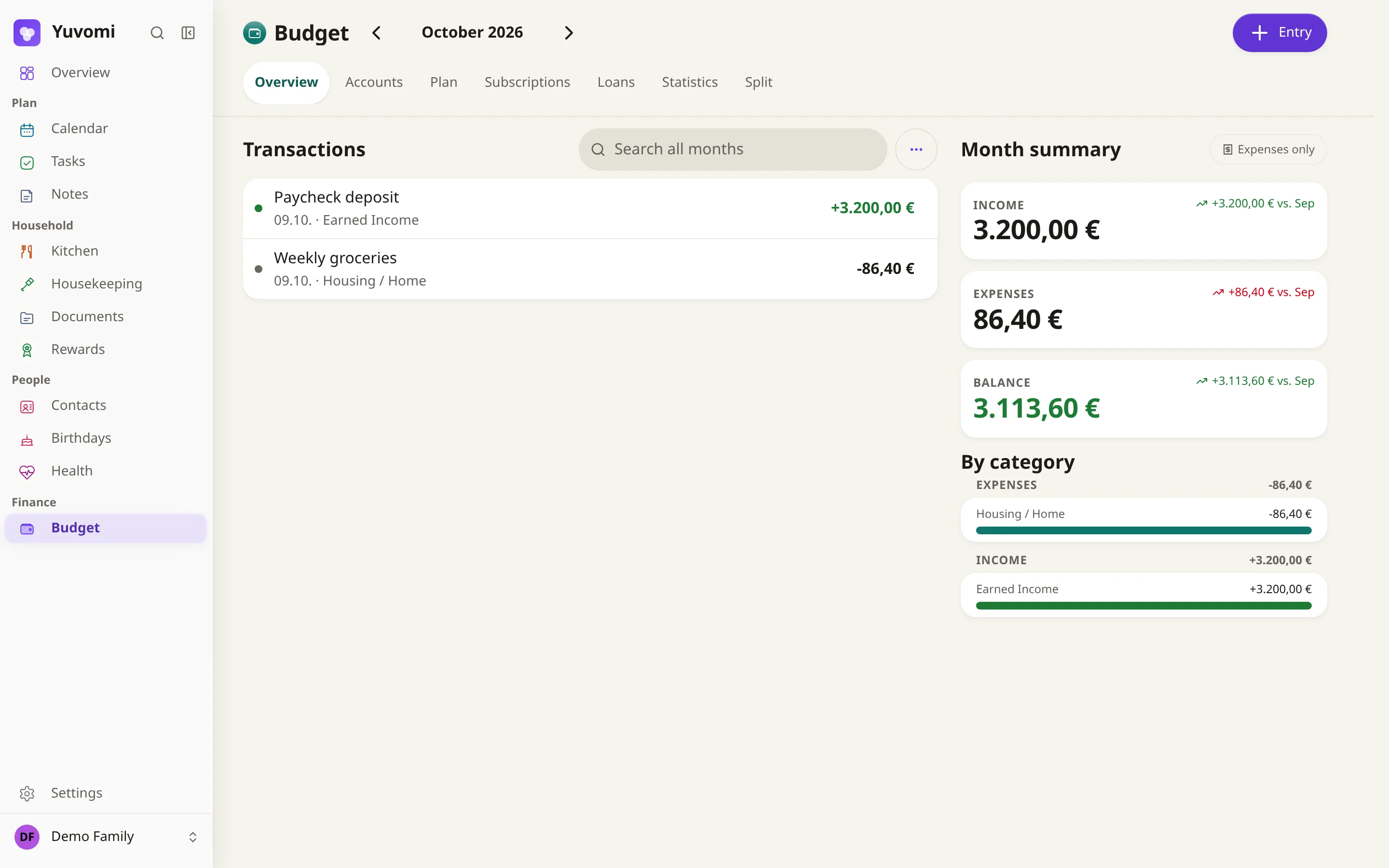 Track income, spending, and shared household expenses