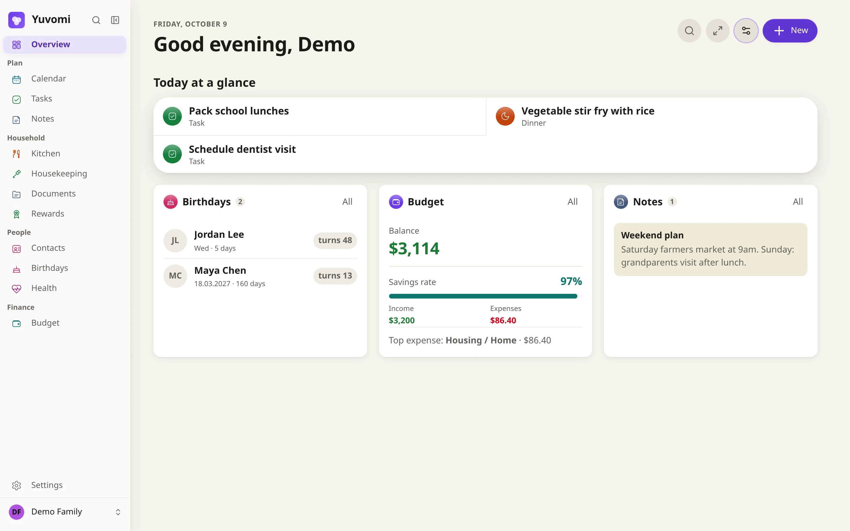 Household overview with today's tasks, calendar, and shopping at a glance